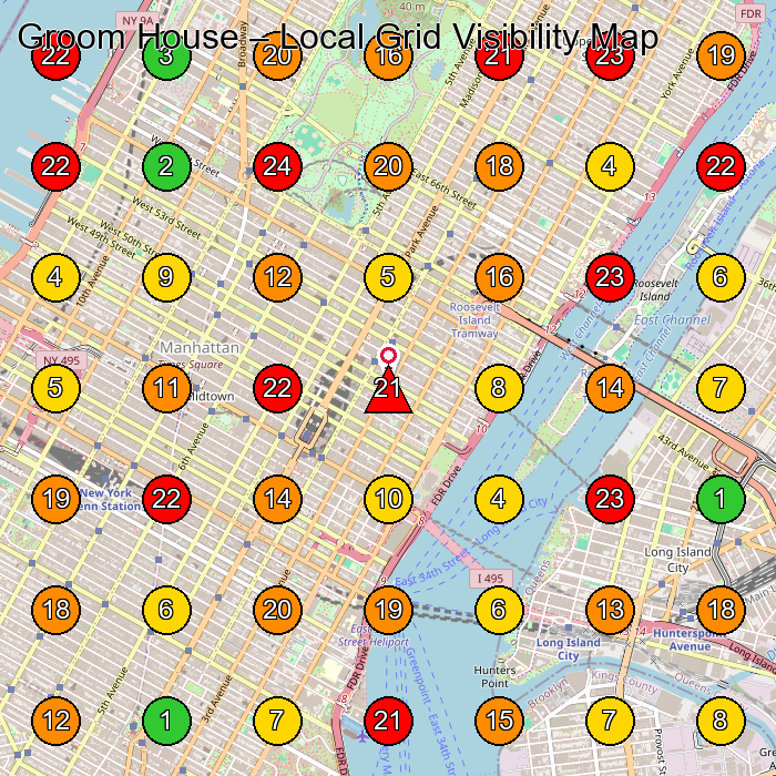 Groom House Hair Salon GeoGrid ranking map for New York NY